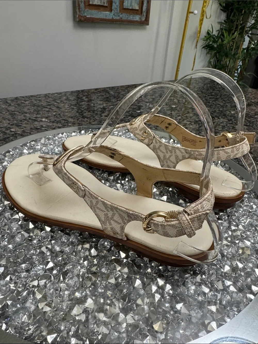 Michael Kors Beige Logo T-Strap Sandals 8